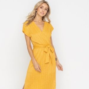 Golden Mustard Wrap Style Belted Midi Dress
